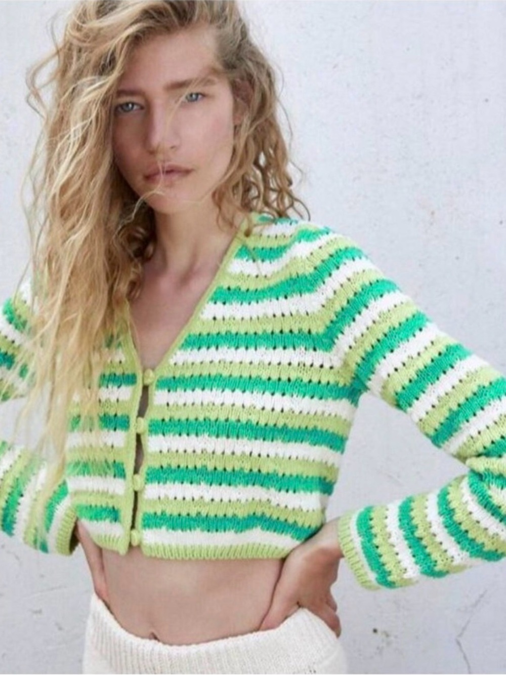 Zara Cropped Striped Knit Cardigan - Green, Lime & White